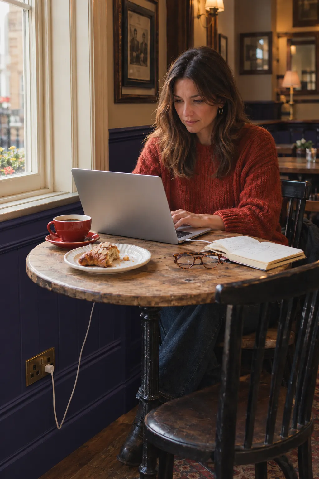A guest working on a laptop at a window table in the café