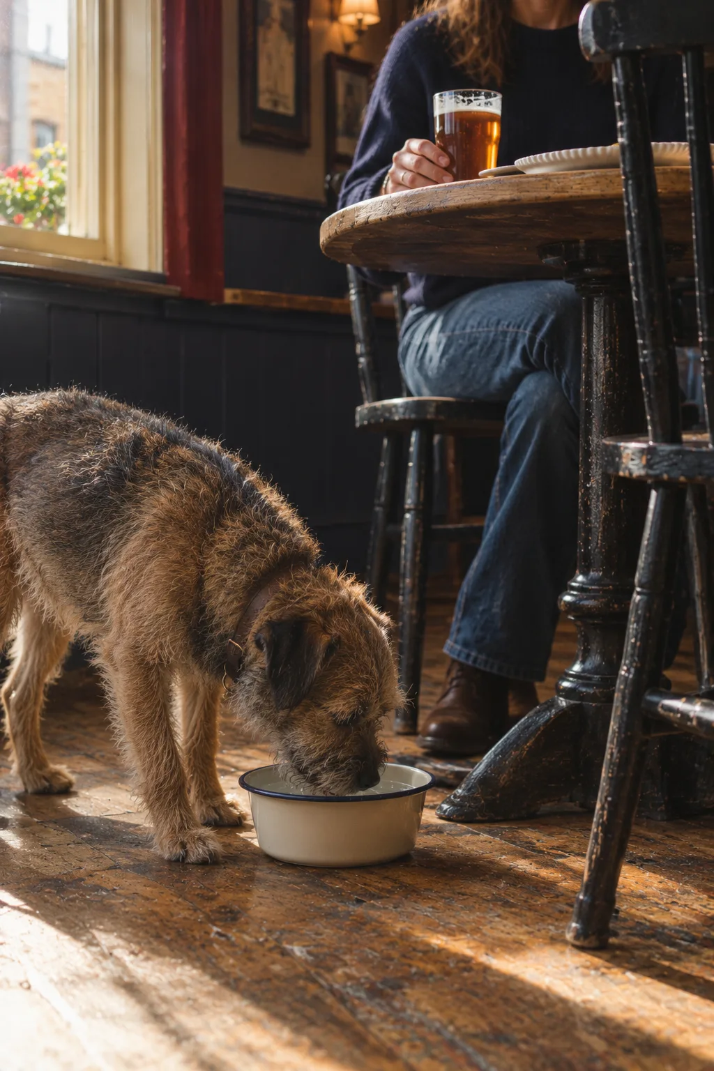 A terrier enjoying a cosy moment in the pub
